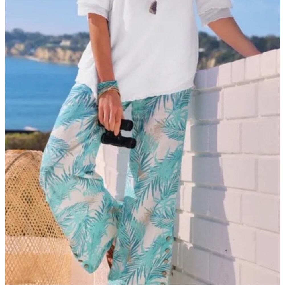 Soft Surroundings Women’s Oceo Printed Gauze Wide Leg Pants Beachy Palm MEDIUM